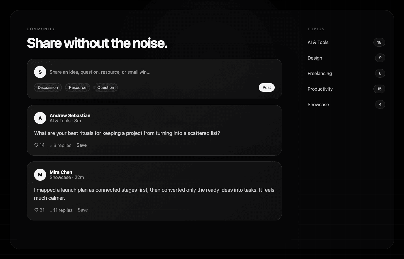 Sylph Community feed with a clean composer and topic sidebar