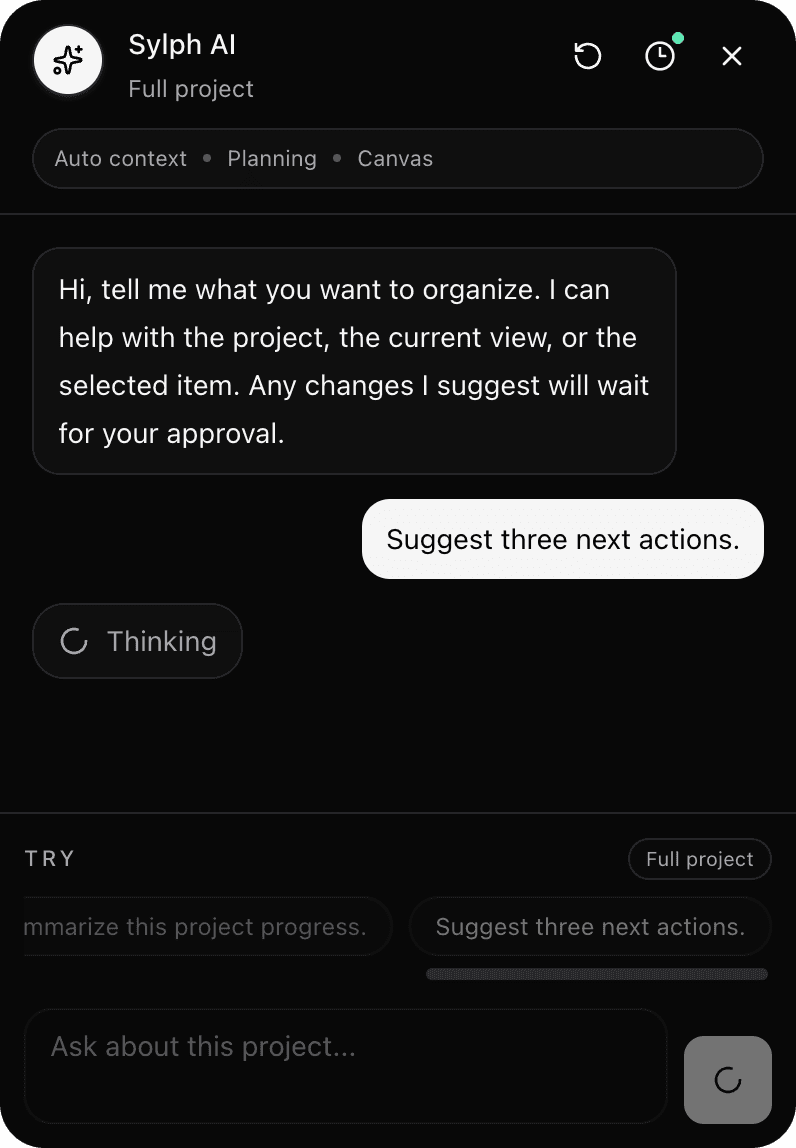 Sylph AI floating assistant panel with automatic project and canvas context