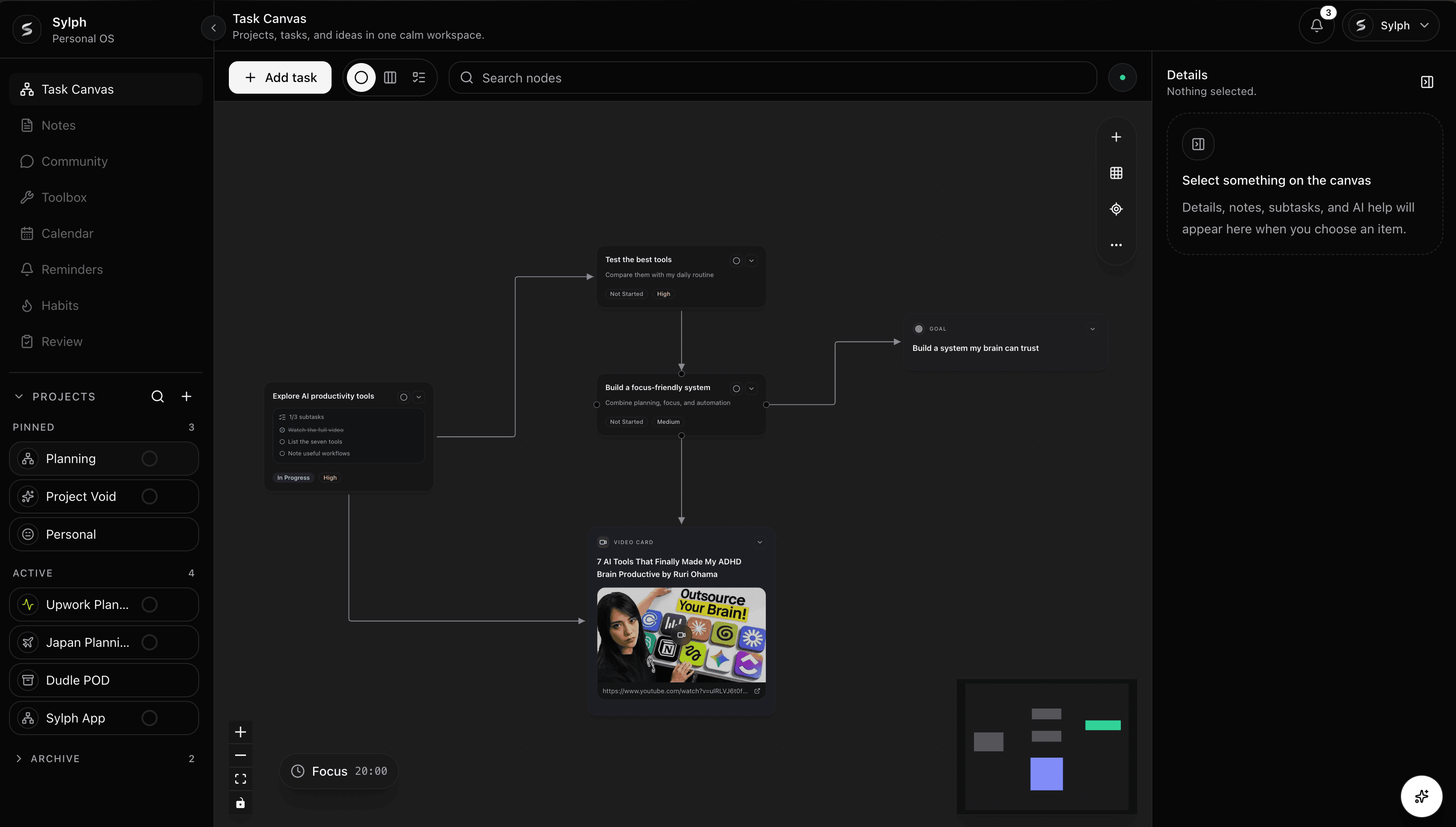 Sylph Task Canvas showing a connected planning workflow with task nodes, project navigation, and canvas controls