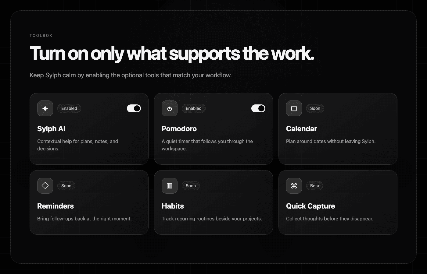 Sylph Toolbox showing enabled and upcoming optional tools